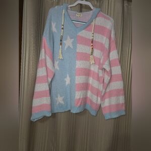 POL V-Neck Sweater in Pink and Blue with Stars